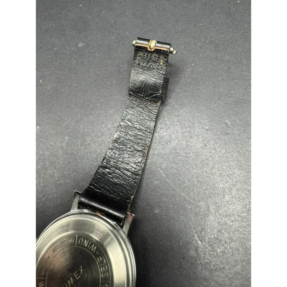 Vintage Timex Self-Wind Wristwatch Silver Tone Dial Black Leather Band Classic